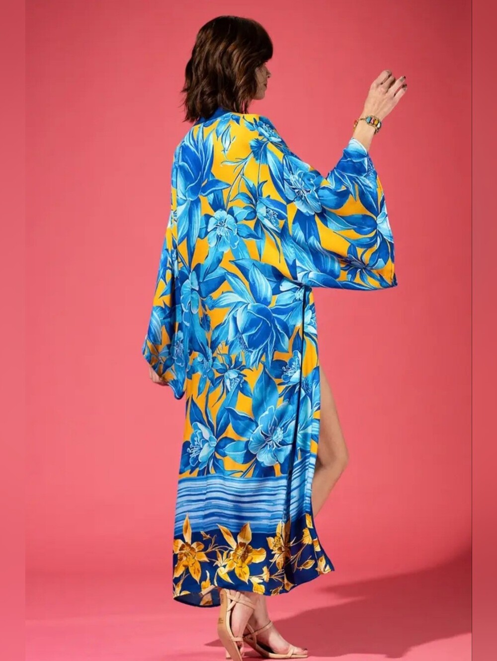 Vibrant Blue Floral Kimono Robe - Yellow Background